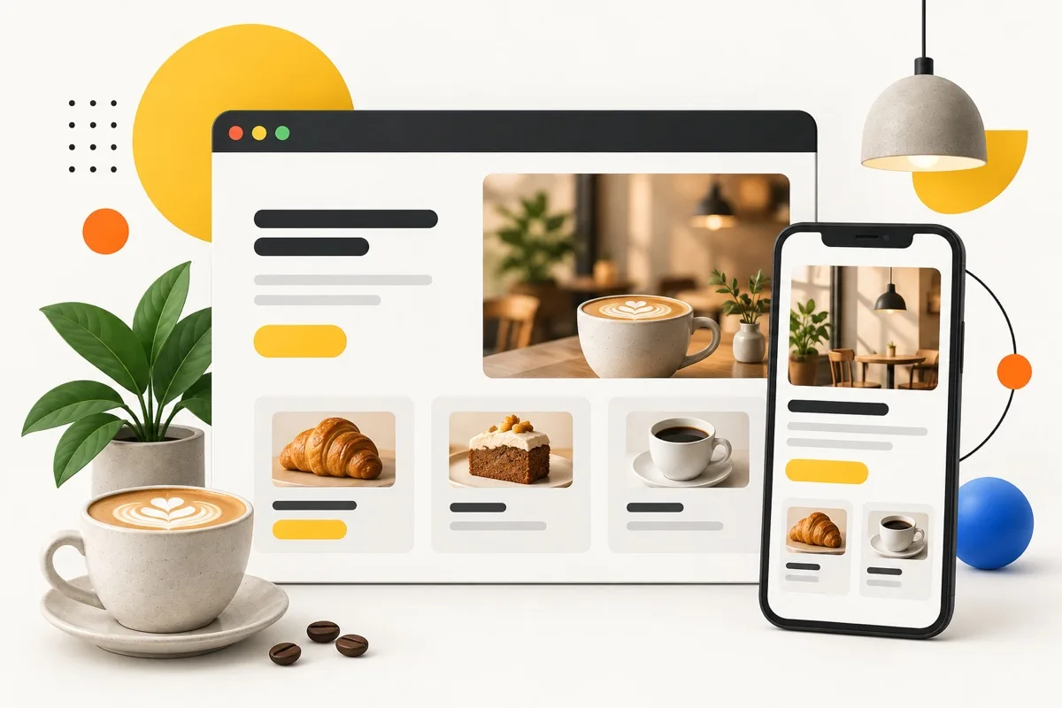 Ilustración editorial de sitio web y móvil para cafetería