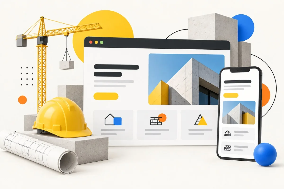 Ilustración editorial de sitio web y móvil para constructora