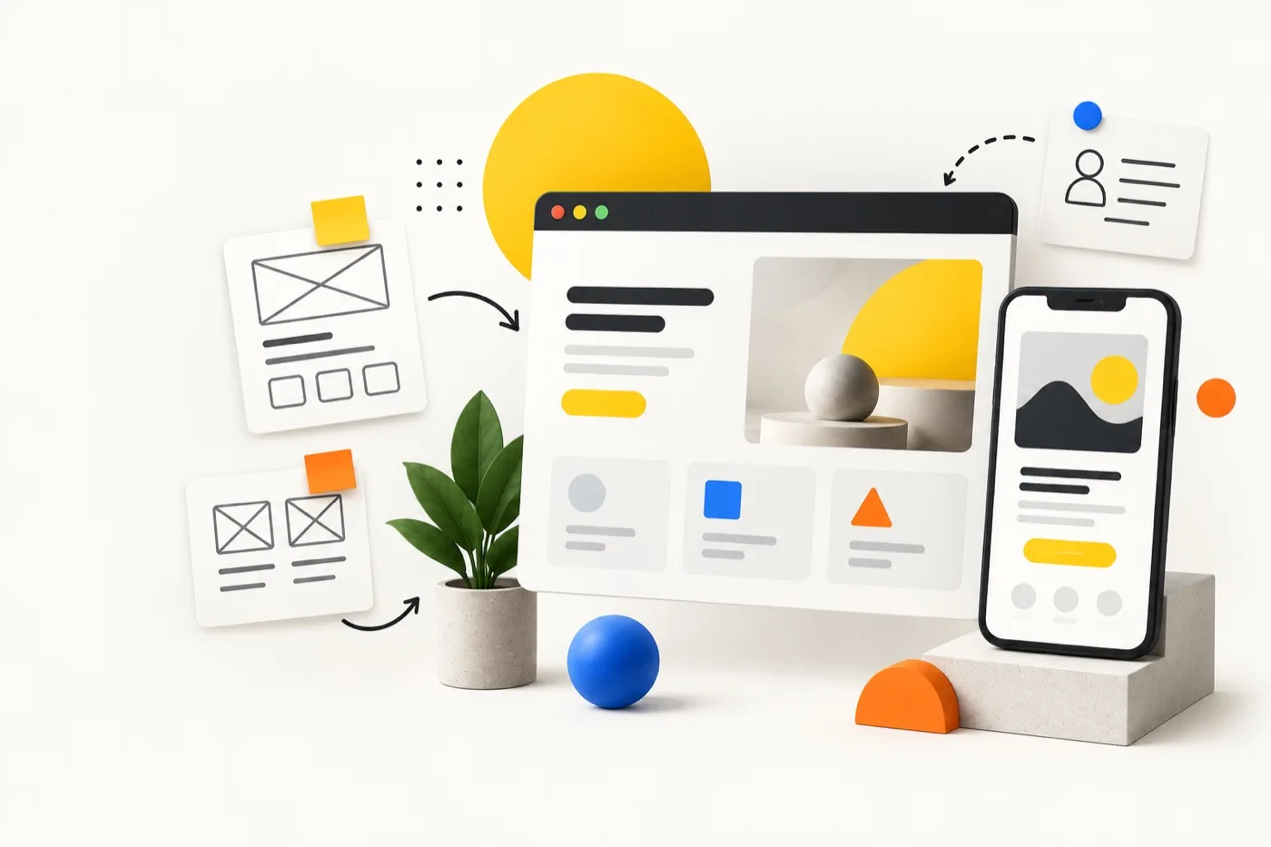 Ilustración editorial de prototipo web y móvil para una idea de negocio