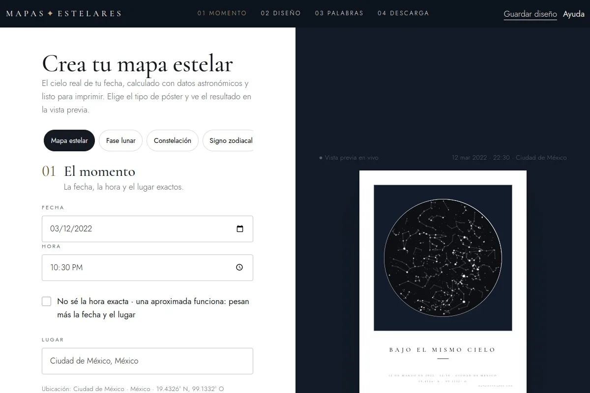 Captura del editor de mapas estelares de mapasestelares.com